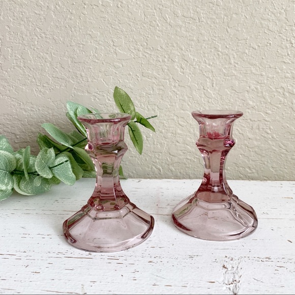 Vintage Pink Purple Depression Glass Candle Sticks Candle Holders